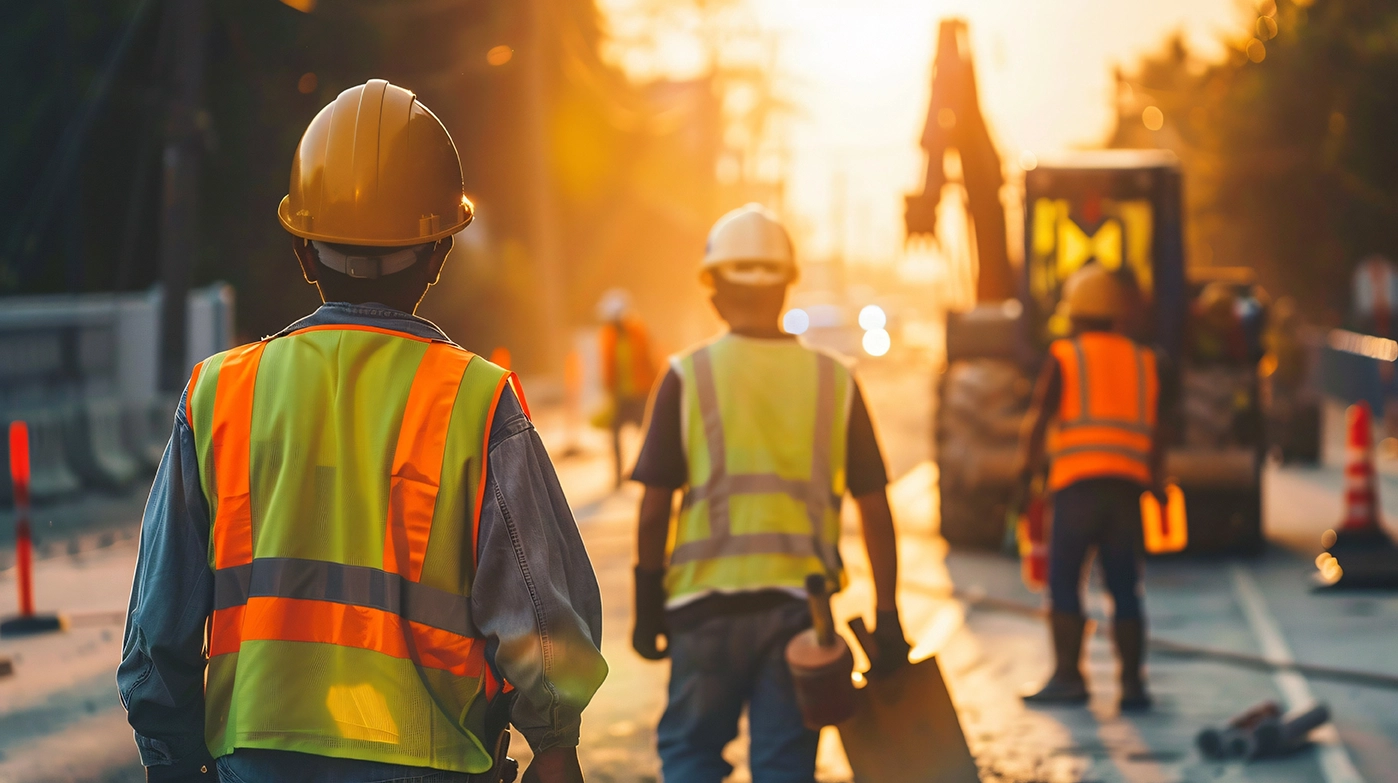 Bauarbeiter mit Warnweste und Helm auf einer Straßenbaustelle